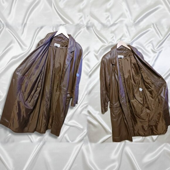 Vintage 80s Together Leather Double Breasted Maxi Trench Coat Brown Womens Sz 16 - Picture 3 of 8
